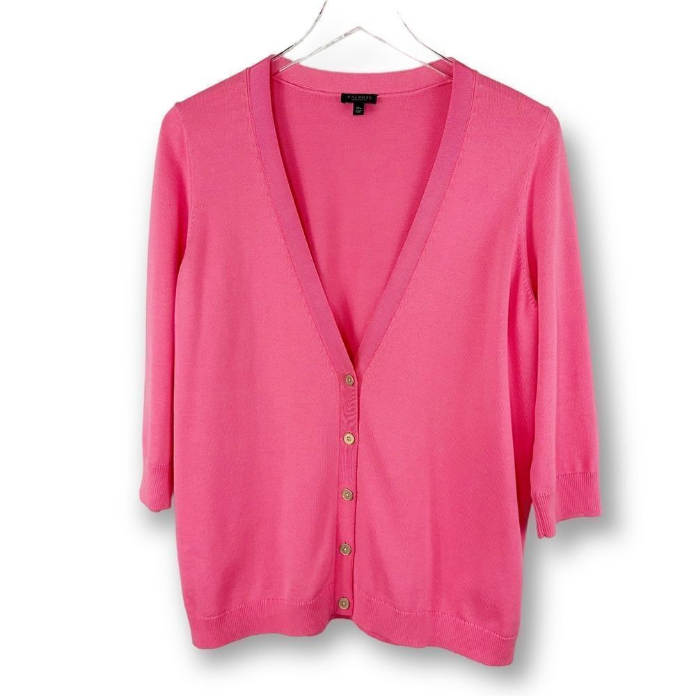 Talbots Petite Pink 3/4 Sleeve V-Neck Cotton Blend Cardigan Sz 1X Petite